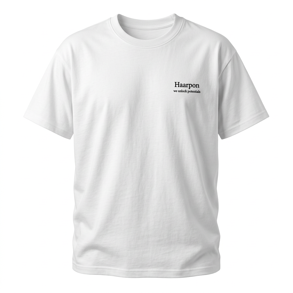 Tee-shirt référence plot#01 blanc à col rond, Haarpon et we unlock potentials sur la poitrine gauche